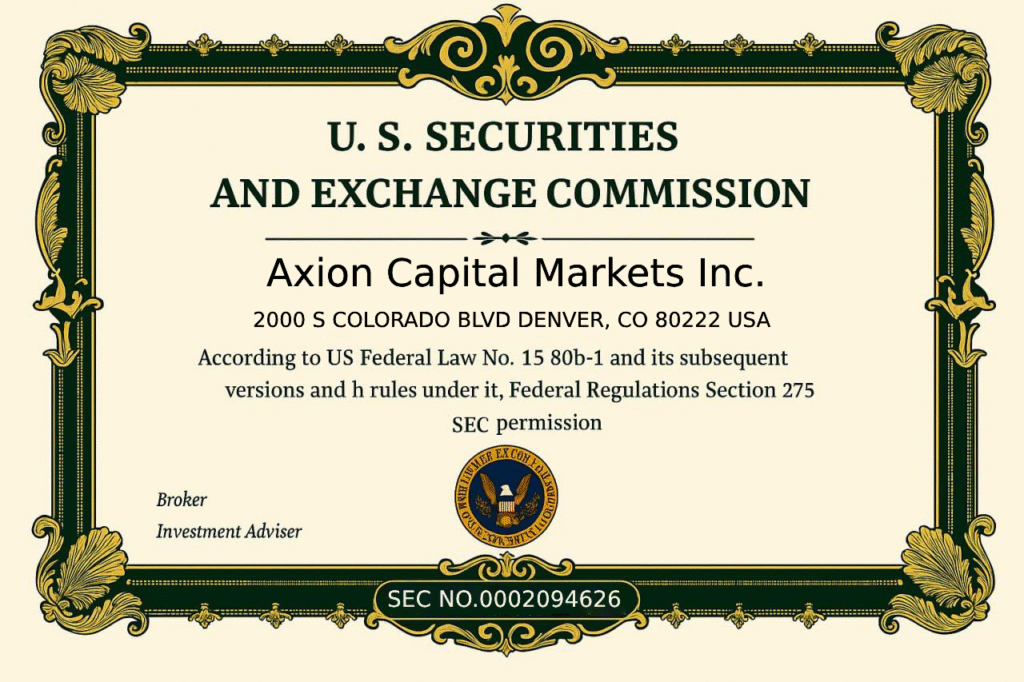 U.S. Securities and Exchange Commission (SEC) authorization certificate for Axion Capital Markets Inc., 2000 S Colorado Blvd, Denver, CO 80222 USA, confirming registration as Broker and Investment Adviser under Federal Law No. 15 80b-1, Regulation Section 275, with SEC number 0002094626.